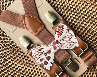 Floral Burnt Orange Bow Tie & Brown Suspenders Set, Ring Bearer Outfit Groomsmen Wedding Accessories