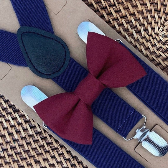 Wine Bow Tie & Navy Blue Suspenders, Burgundy Bow Tie, Maroon Bow Tie, Ring Bearer Outfit, Navy Suspenders, Marsala Bow Tie, Bow Ties