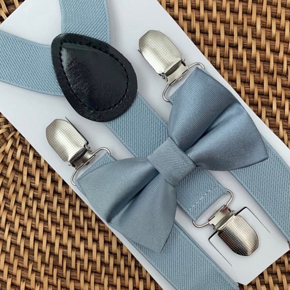 Dusty Blue Bow Tie & Suspenders -- Ring Bearer Outfit, Groomsmen, Wedding Outfits, Davids Bridal Color Match, Page Boy, Cake Smash, All Ages