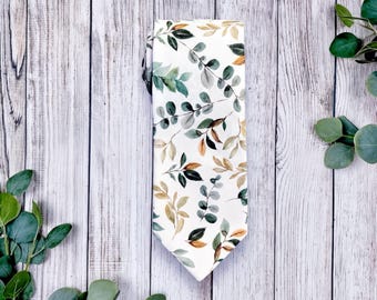 Sage Green Floral Men's Tie, Wedding Groomsmen Ties