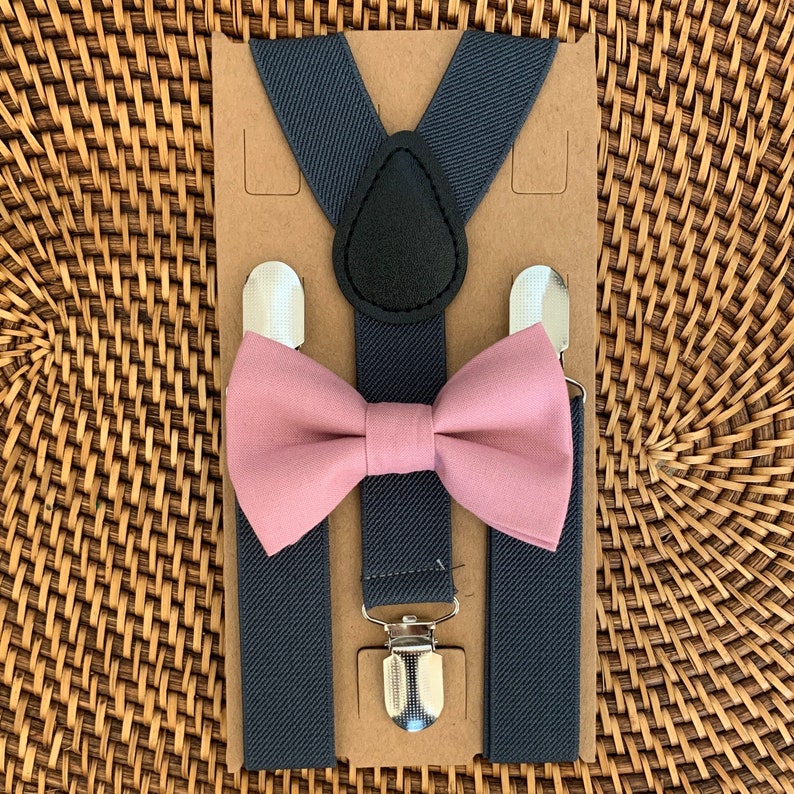 dusty pink bow tie and suspenders