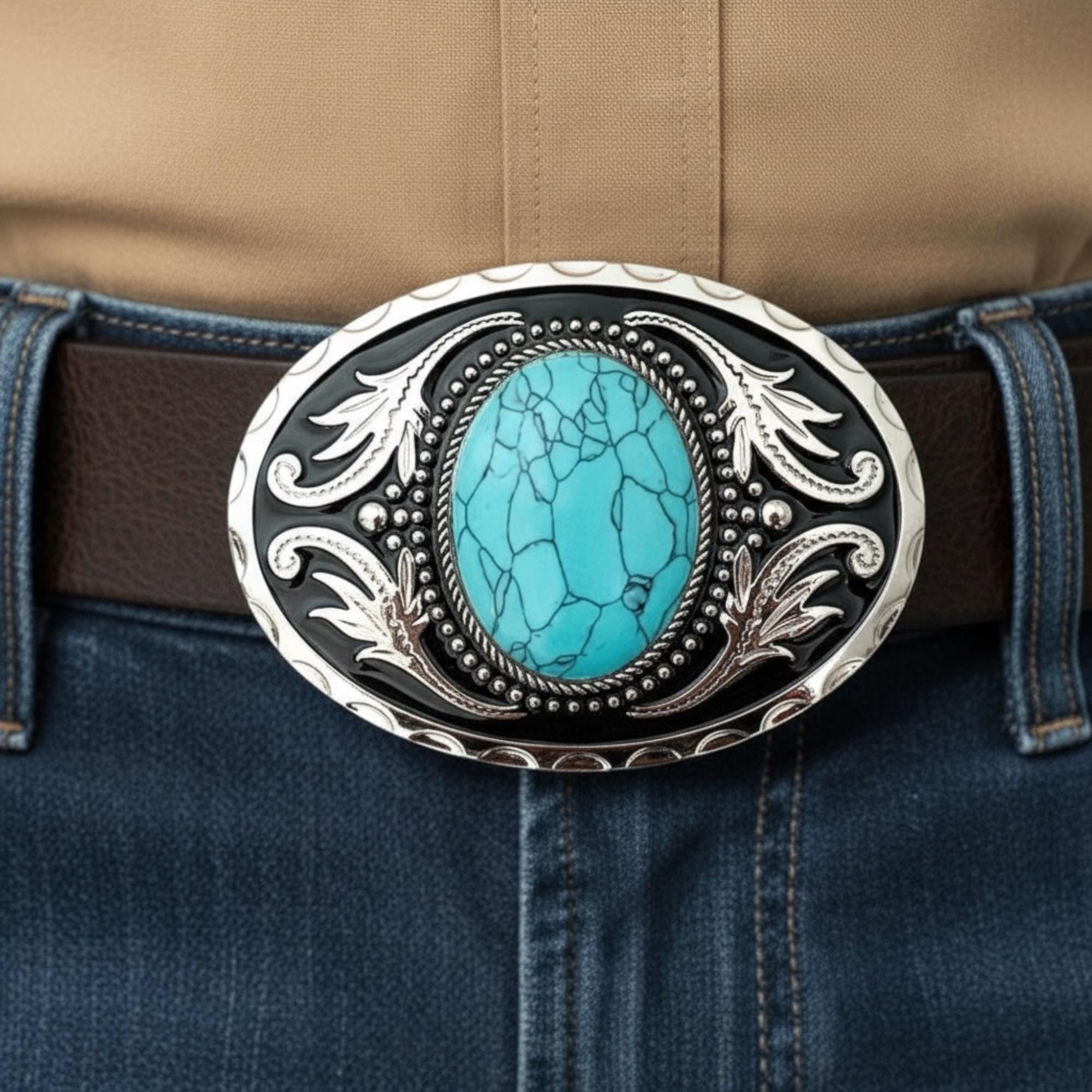Western Turquoise Belt Buckle – Cowboy Rodeo Silver Buckle  display picture 2
