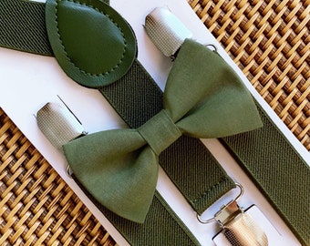 Olive Green Bow Tie & Suspenders, Boho Wedding Bowtie, Ring Bearer Gift, Toddler, Rustic Wedding, Groomsmen