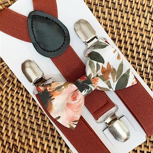 Floral Bow Tie and Suspenders Set, Burnt Orange Terracotta Boho Wedding Ring Bearer Groomsmen