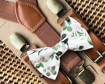 Floral Bow Tie and Suspenders for Wedding, Boys Toddler Bow Tie for Ring Bearer Floral Bowtie for Men and Groomsmen