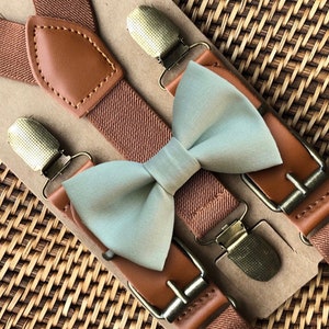 Sage Bow Tie & Brown Suspenders, Sage Green Wedding, Ring Bearer Gift, Boho Wedding, Bow Ties for Men, Ring Bearer Outfit, Sage Bowtie image 2