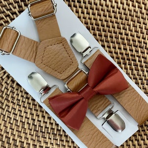 Cinnamon Bow Tie & Vegan Leather Suspenders, Bowtie, Bow Ties for Men, Ring Bearer Outfit, Burnt Orange Bow Tie, Brown Suspenders, Groomsmen