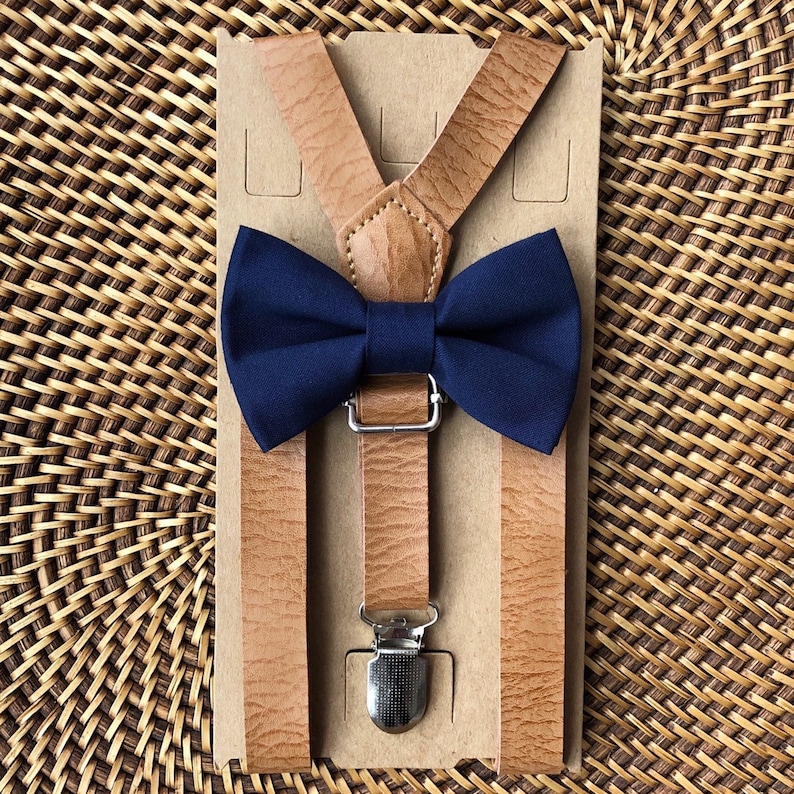 Brown Leather Suspenders and Navy Bow Tie Groomsmen Suspenders Etsy
