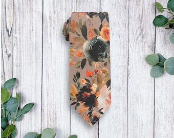 Burnt Orange Floral Mens Ties for Weddings, Terracotta Boho Wedding Necktie, Burnt Orange Tie