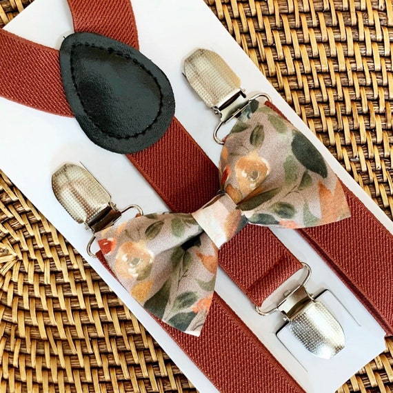 Burnt Orange Brown Green Floral Bow Tie and Suspenders, Boho Ring Bearer Outfit, Groomsmen, Wedding Outfits, Terracotta Wedding, Rustic