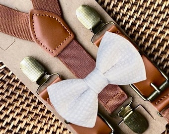 White Seersucker Bow Tie & Brown Suspenders for Easter, Wedding Groomsmen, Boys Bow Ties, Ring Bearer Outfit