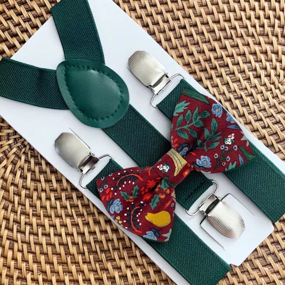 Rifle Paper Christmas Bow Tie & Green Suspenders, Bow Tie, Boys Bow Tie, Toddler Bow Tie, Baby Bow Tie, Bow Ties for Men, Christmas Gifts