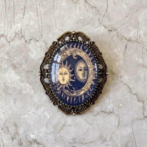 Celestial Brooch, Victorian Sun Moon Lapel Accessory | Brass | Vintage Dark Academia