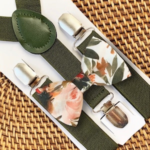 Burnt Orange Terracotta Floral Bow Tie & Olive Suspenders for Ring Bearer Outfit, Groomsmen Suspenders, Bow Ties for Men,Rustic Fall Wedding