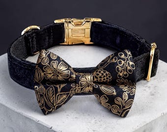 Black Velvet Dog Collar with Gold Floral Pet Bow Tie (Adjustable, Pre-Tied)