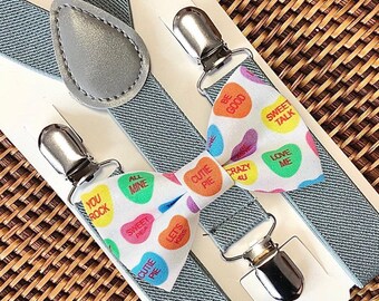 Heart Candy Bow Tie & Light Grey Suspenders, Valentine's Outfit