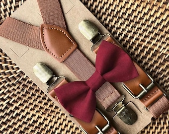Burgundy Bow Tie and Brown Suspenders, Ring Bearer Outfit, Groomsmen Accessories Wedding