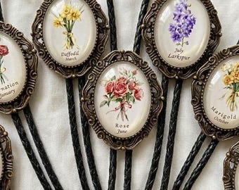 Corbata bolo personalizada con flores del mes de nacimiento, cordón de cuero auténtico, regalo floral de cumpleaños, joyería western.
