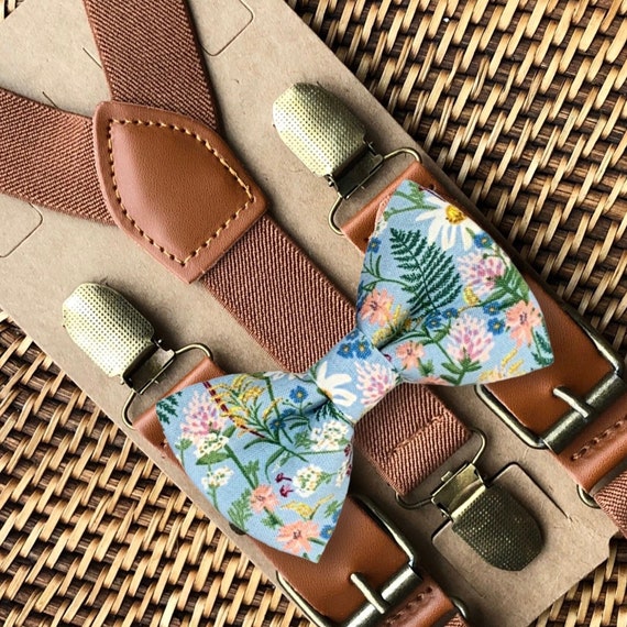 Dusty Blue Bow Tie Brown Buckle Suspenders, Rifle Paper Co Floral Bow Tie, Bow Ties for Men, Boys Bow Tie, Ring Bearer Outfit, Boho Wedding