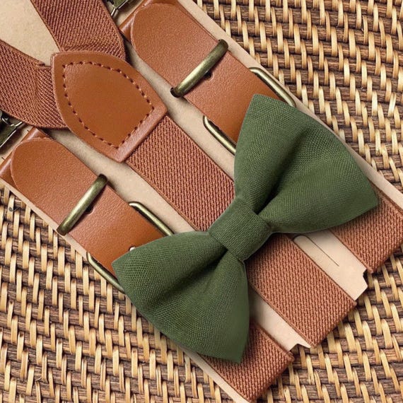 Olive Green Bow Tie Brown Buckle Suspenders, Ring Bearer Outfit