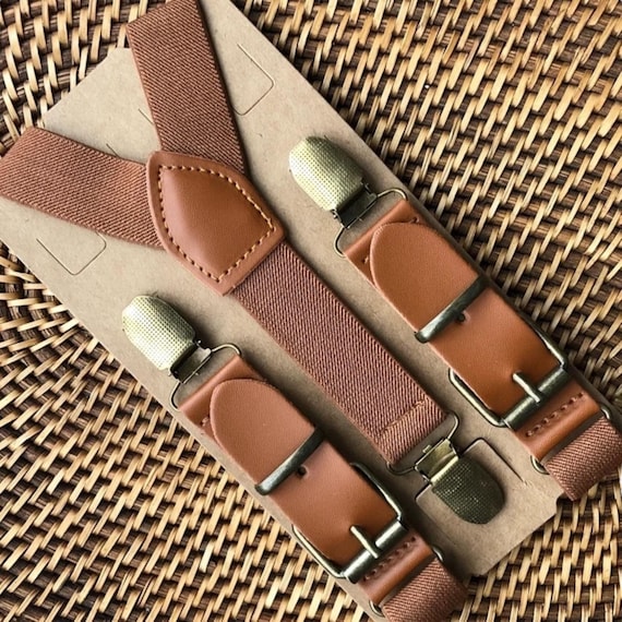 Groomsmen Cognac Brown Leather Suspenders for Men Rustic Wedding
