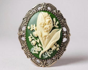 Broche lelietje-van-dalen: zilveren camee, vintage meibloempin