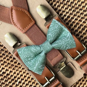 Sage Bow Tie & Brown Suspenders, Boho Wedding, Bow Ties for Men, Sage Green Bow Tie, Boys Bow Tie, Ring Bearer Outfit, Groomsmen, Bowtie