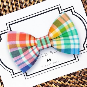 Rainbow Plaid Dog Bow Tie, LGBTQ Pride Pet Collar Accessory, Gay Dog Lover Gift