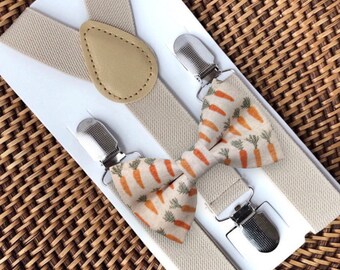 Carrot Easter Bow Tie & Khaki Suspenders Outfit, Toddler Bowtie