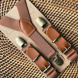 Bruin lederen bretels, bretels voor mannen, bretels voor jongens, outfit voor ringdrager, rustieke boho-bruiloft