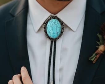Turquoise Bolo Tie: Cowboy Western Leather Cord, Agate Stone