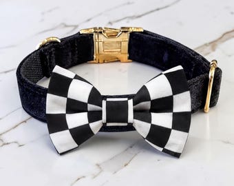 Dog Bow Tie Collar: Motorsport Checkered Flag (Black Velvet)
