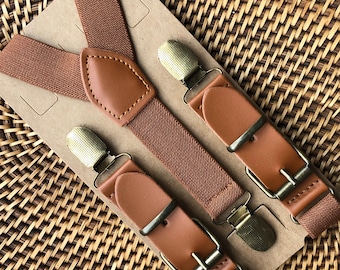 Leather Brown Suspenders, Brass Clip, Ring Bearer Outfit Groomsmen Braces For Wedding