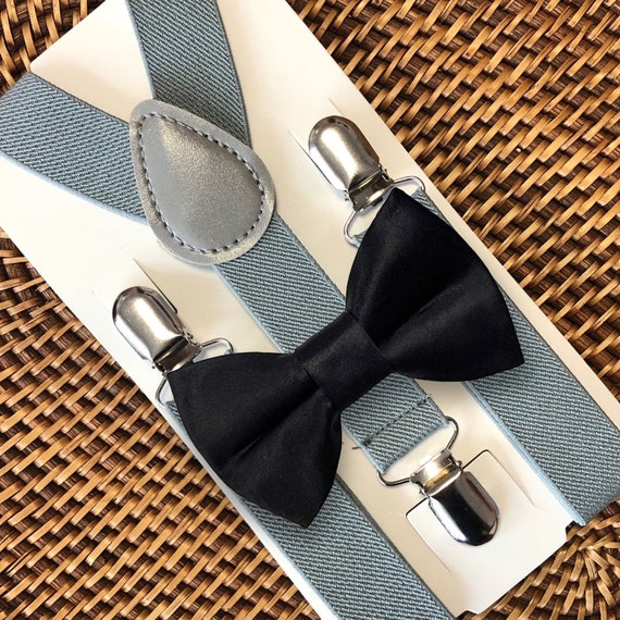 Black Bow Tie & Grey Suspenders, Ring Bearer Outfit, Wedding, Bow Tie for Men, Bow Tie for Women, Mens Bow Ties, Groomsmen, Ring Boy