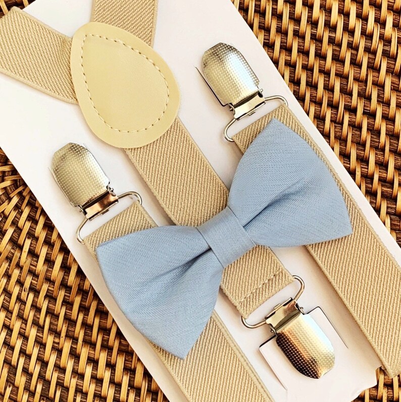 Dusty Blue Bow Tie & Tan Suspenders Beach Wedding Ring Etsy