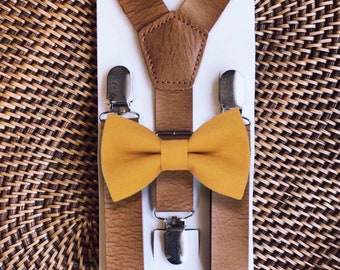 Mustard Bow Tie & Leather Suspenders, Mens Bow Ties, Wedding Suspenders, Toddler Suspenders, Groomsmen Suspenders, Ring Bearer Outfit