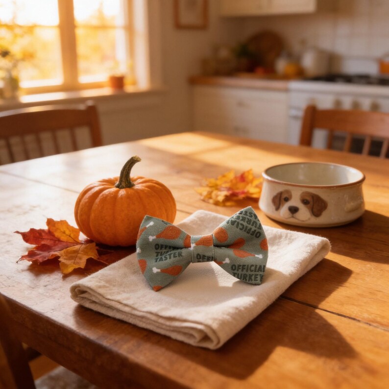 a table with a pumpkin, a pet bow tie, a bowl, and a leaf, all arranged on a wooden table.