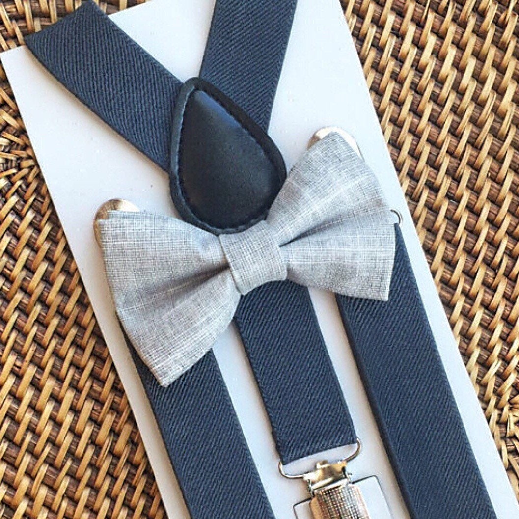 Grey Bow Tie & Suspender Set, Ring Bearer Outfit, Baby Bow Tie, Grey