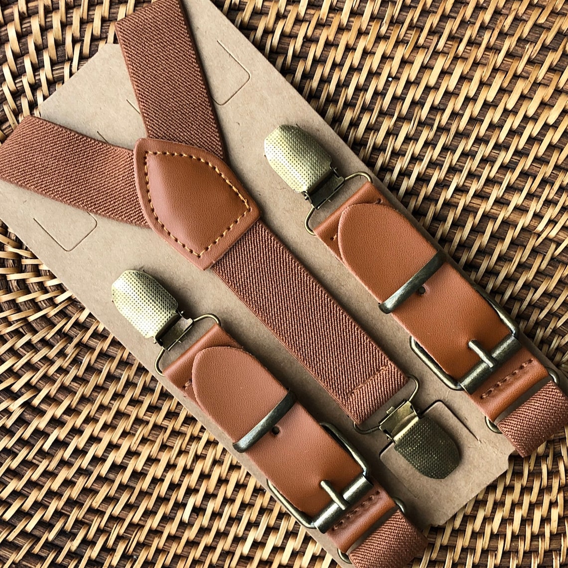 Cognac Brown Suspenders form a Y-Back for Men, Boys or Women. Bronze clips adhere suspenders to card on a woven brown background. Perfect for Weddings, Boys, Men, Women, Ring Bearer Outfit, Gift, Groomsmen.