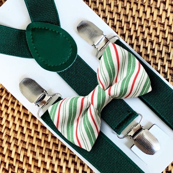 Red Green Bow Tie & Dark Green Suspenders, Christmas Outfit, Red Green Striped Bow Tie for Boys Men Women Baby, 1st Christmas Outfit