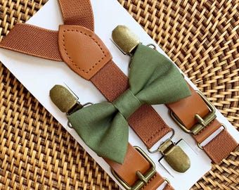 Olive Green Bow Tie & Vegan Leather Suspenders, Rustic Wedding, Boho Wedding, Mens Bow Ties, Ring Bearer Outfit, Boys Bow Ties, ALL SIZES