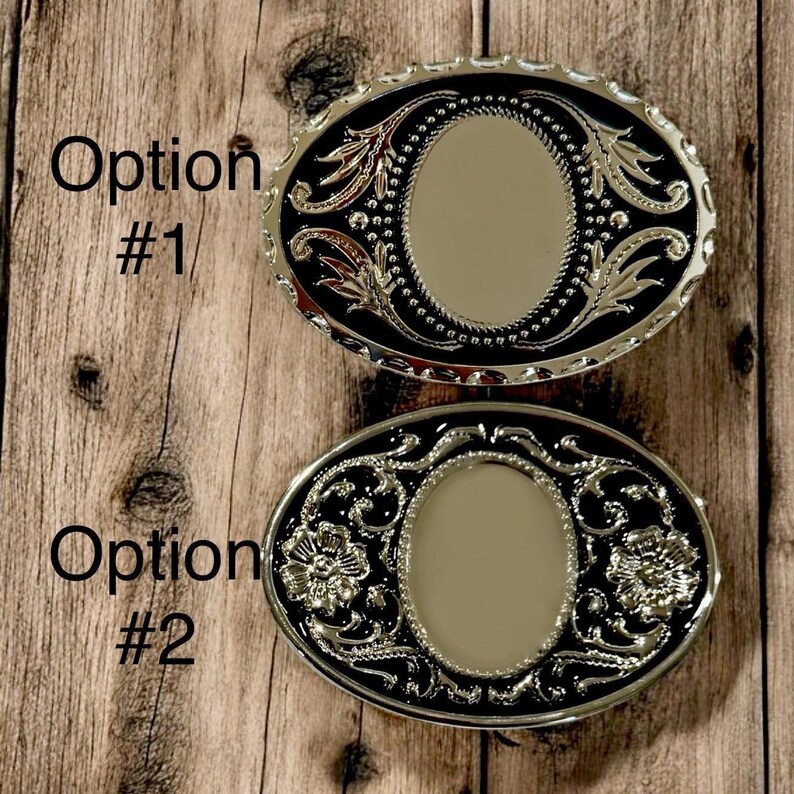 Two options of belt buckles: Option #1 has a leaf design and Option #2 has a floral design. Both are silver and black from The Bold Bow Tie.