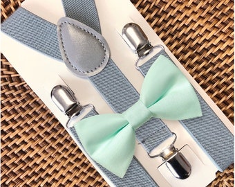 Mint Bow Tie and Grey Suspenders, Beach Wedding, Mint Green Bow Tie, Ring Bearer Outfit, Bow Ties, Bow Ties for Men, Boys- Great Gift Idea!
