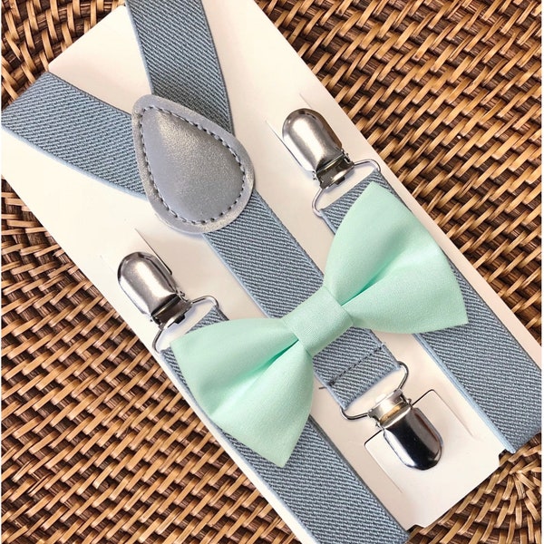 Mint Bow Tie and Grey Suspenders, Beach Wedding, Mint Green Bow Tie, Ring Bearer Outfit, Bow Ties, Bow Ties for Men, Boys- Great Gift Idea!