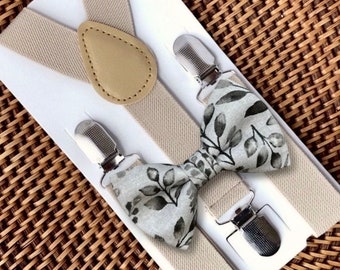 Grey Floral Bow Tie & Champagne Suspenders— Beach Wedding, Gray Bow Tie, Ring Bearer Outfit, Bow Ties, Bow Ties for Men, Boys- Great Gift