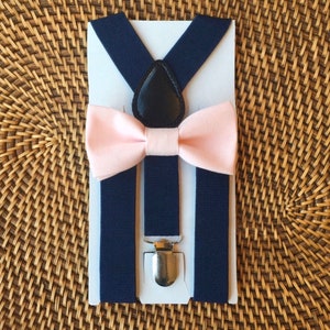 Blush Bow Tie, Navy Blue Suspenders, Pink Bow Tie, Blush Pink Bow Tie, Blush Bow Tie Navy Suspenders Set, Wedding Suspenders, Ring Bearer image 2