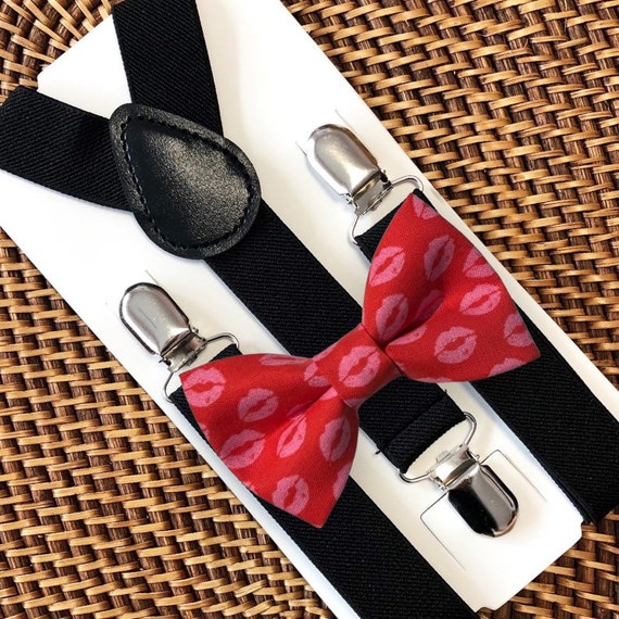Red Lips Bow Tie for Valentines Day & Suspenders, Baby Boy Bow Ties for Boys, Girls, Valentines Party Toddler Suspenders Toddler Boy Clothes