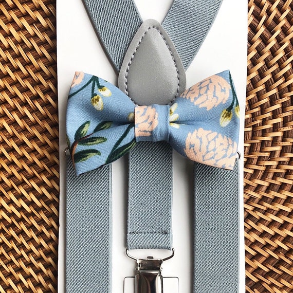 Bow Tie & Suspenders, Dusty Blue Bow Tie, Floral Bow Tie, Grey Suspenders, Wedding Suspenders, Ring Bearer Outfit, Wedding Suspenders