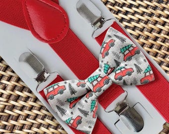 Christmas Bow Tie and Red Suspenders Outfit: Cars & Trees