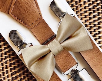 Champagne Bow Tie and Tan Leather Suspenders Set, Wedding Ring Bearer Outfit Groomsmen Accessories